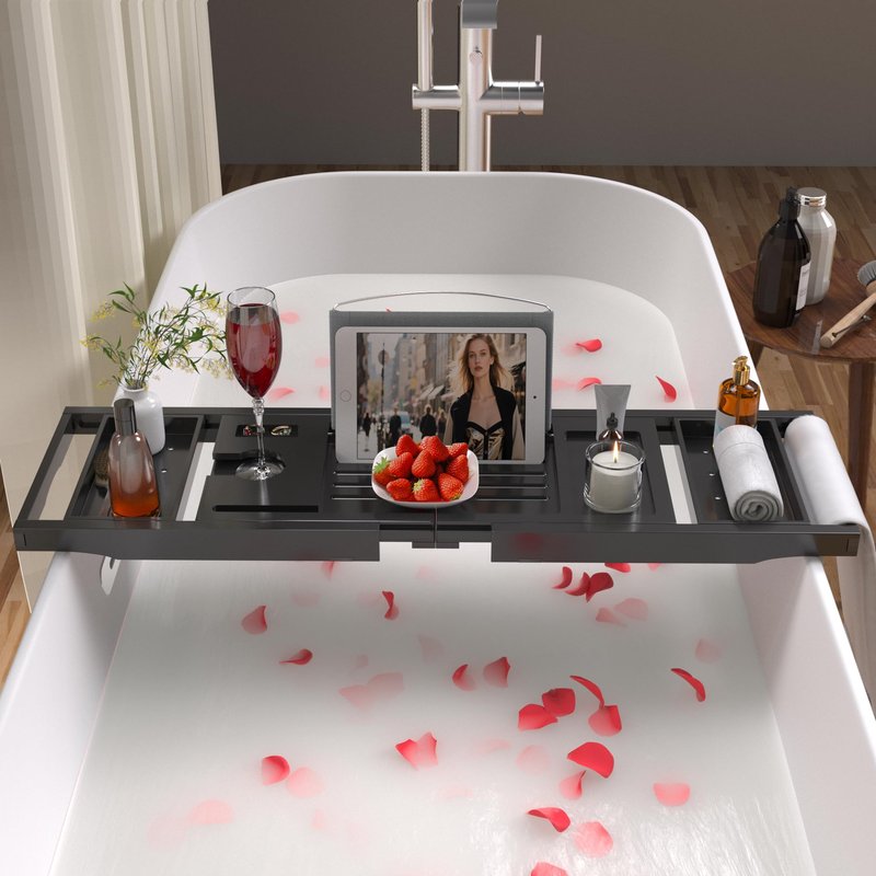 Bathtub Caddy Tray for Tub,Foldable Bath Table Trays,Bamboo Shelf with Book and Wine Glass Holder,Bathroom Accessories Suitable for Luxury Spa or Reading,Black