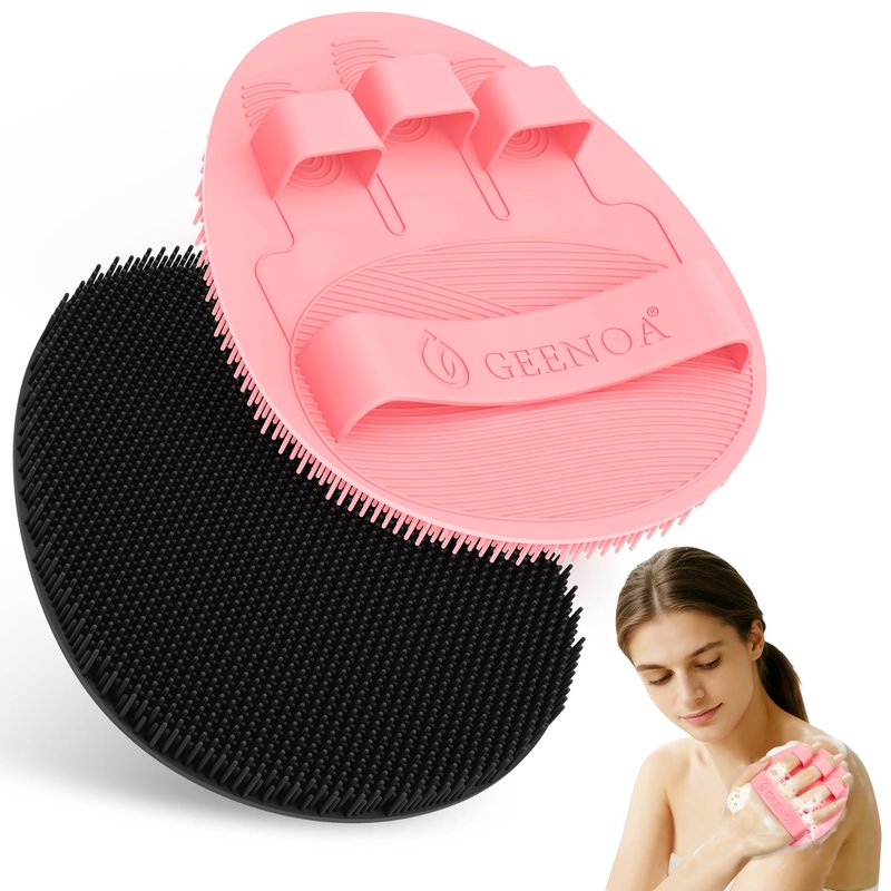 GEENOA Upgrade Silicone Body Scrubber with Straps, 360° Anti-Slip & Enlarged Exfoliating Shower Scrubber for Rich Foaming Deep Cleaning, No-Grip & Hand-fit Bath Glove for All Skin Types(Black+Pink)