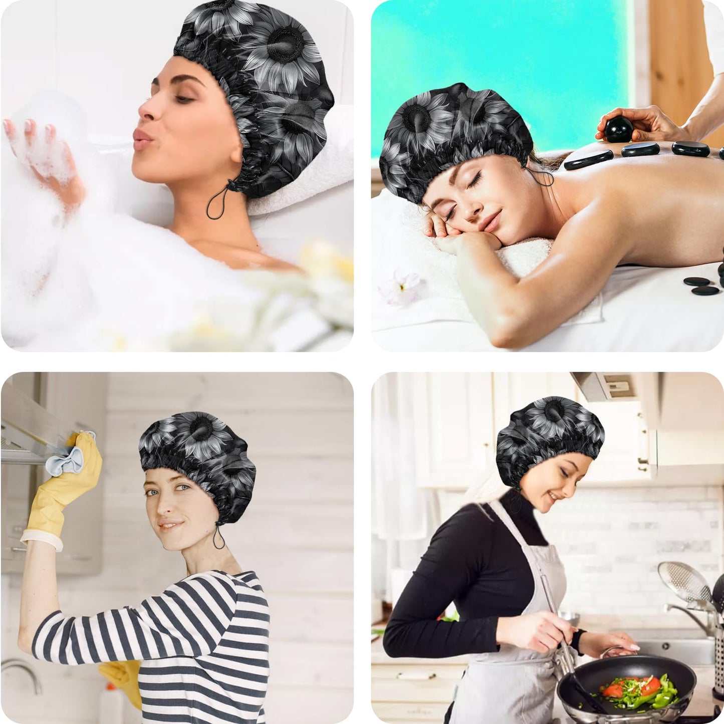 Cabreche 2 PCS Shower Cap Reusable Waterproof Double Layers Hair Caps Shower Bath Adjustable Elastic Hat for Women Girls Cute Aesthetic-Bat Sunflower