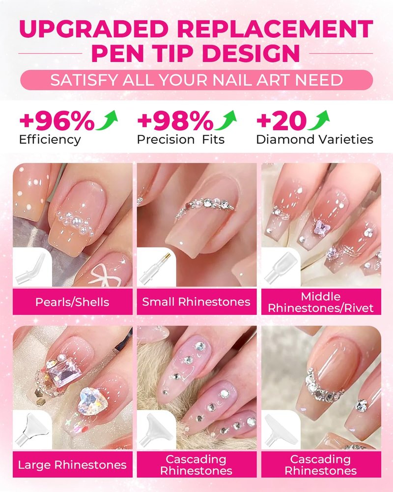 Rhinestone Picker Tool Kit - Dual-Ended Applicator & 12 Tips | Nail Art Craft Tools (Pink)
