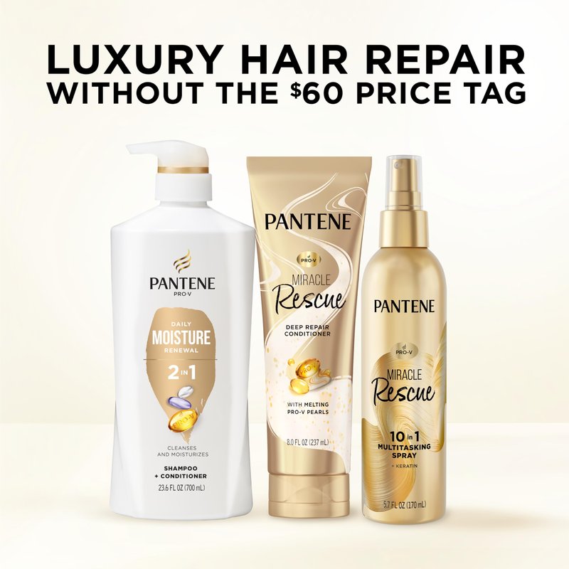 Pantene 2-in-1 Shampoo & Conditioner, Daily Moisture Renewal - Pro-V Nutrients for Dry, Straight to Curly Hair,72-Hour Hydration & Softness, 27.7 Oz Each, + Rescue Shot (0.5 Oz),2 Count (Pack of 2)