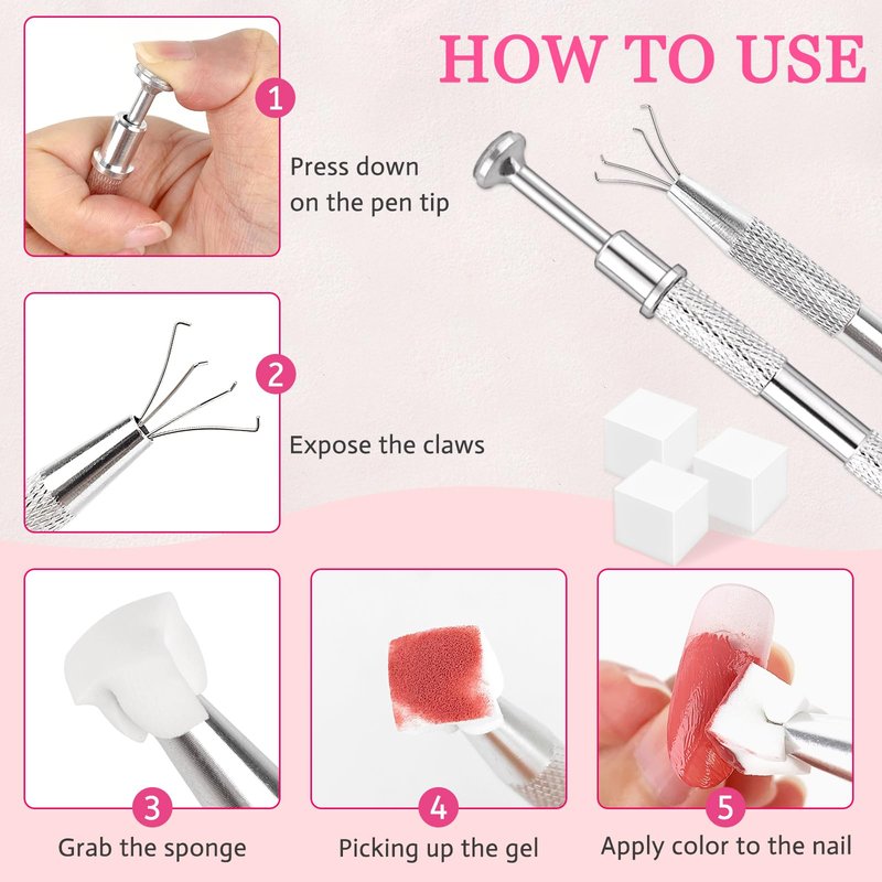 LNAUJS 100 Pcs Soft Nail Sponges for Ombre, Nail Art Sponges with Grabbing Pen and Storage Box, Professional Accessories Supplies for Home and Salon Use