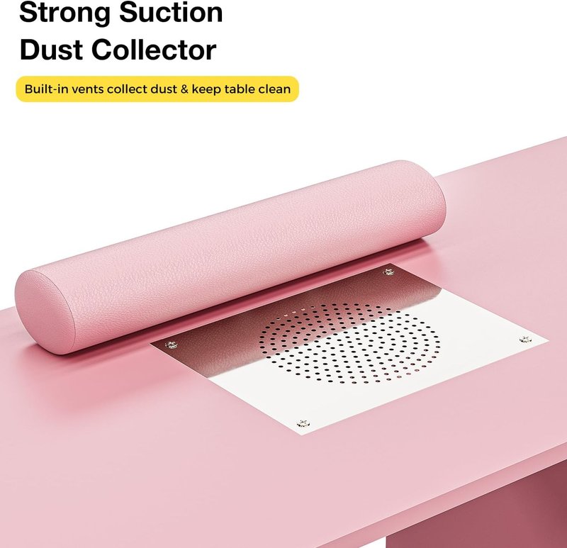Manicure Table with Dust Collector, Modern Nail Station Nail Desk for Nail Tech with Wrist Rest, Storage Drawer & Cabinet, Beauty Salon Workstation, Pink