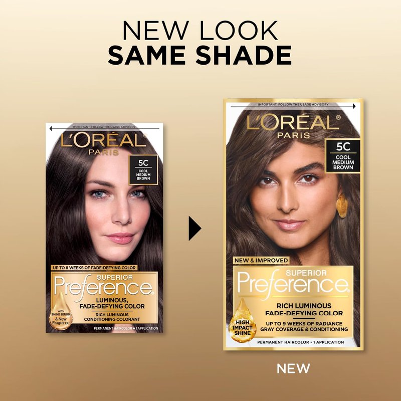 L'Oreal Paris Superior Preference Luminous Fade-Defying Permanent Hair Color, Hair Dye For Up to 9 Weeks of Radiance, Cool Medium Brown 5C, 1 Hair Dye Kit