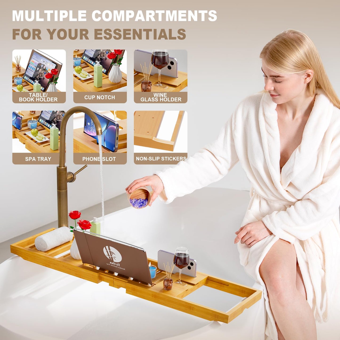 Yirilan Premium Bathtub Tray Caddy, Expandable Bath Tray, Unique House Warming Gifts,Bamboo-New