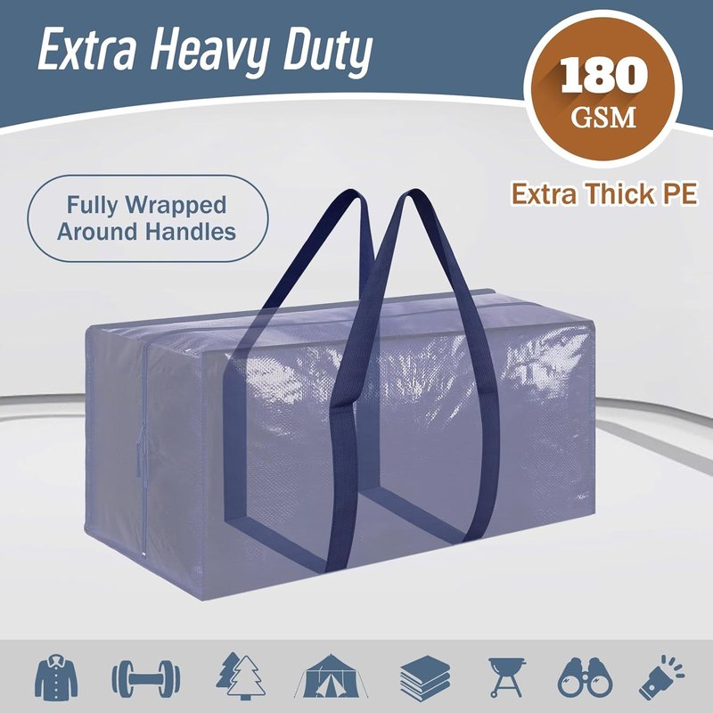 Extra Heavy Duty Large Moving Bags - 6 Pack with Strong Zipper & Comfortable Handles | Durable Blue Storage Totes for College Supplies
