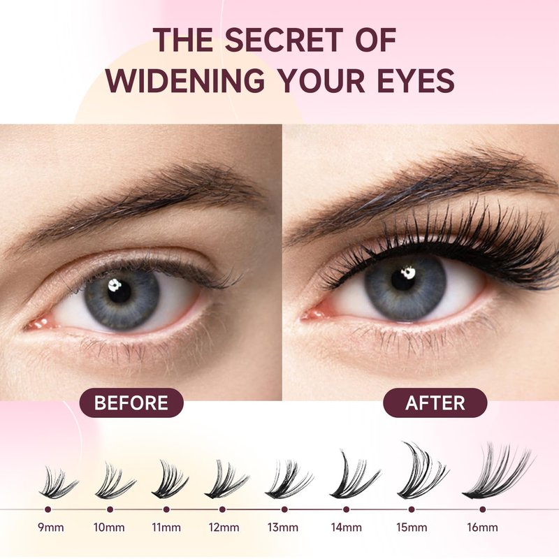 DIY Lash Clusters Kit, 640 Pcs Lash Extension Kit 9-16mm Individual Lashes D Curl Fluffy Wispy False Eyelashes with Lash Bond and Seal, Lash Tweezers for Self Use (30D&40D&50D&60D, 0.07D, 9-16mm, Kit)
