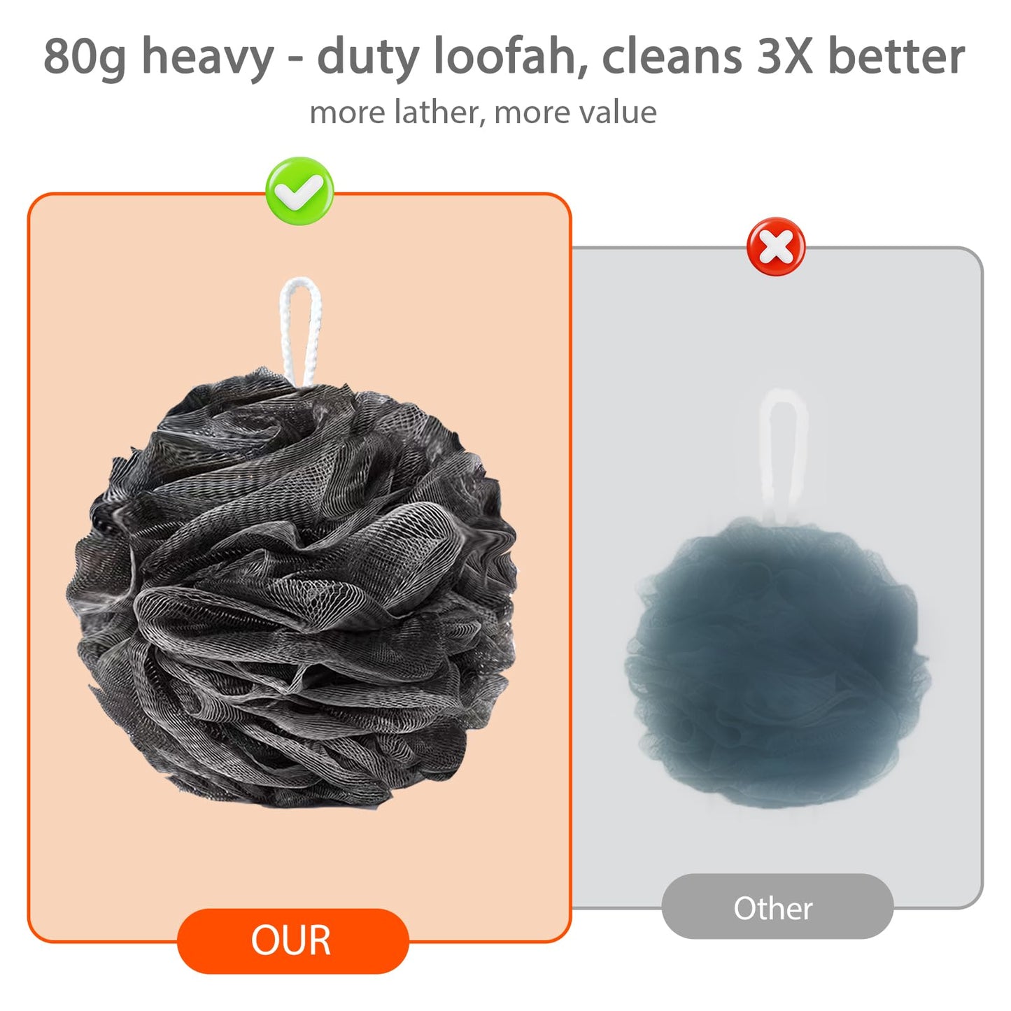THYUNHE Sunvitae Bath Sponges Loofahs，Shower Puff 80 Grams Large Size，2 Pack Shower Sponge Pouf Ball Exfoliating Cleaning Bath Sponge Shower Loofa Pouf Ball Body Scrubber Balls (Black、Cream)