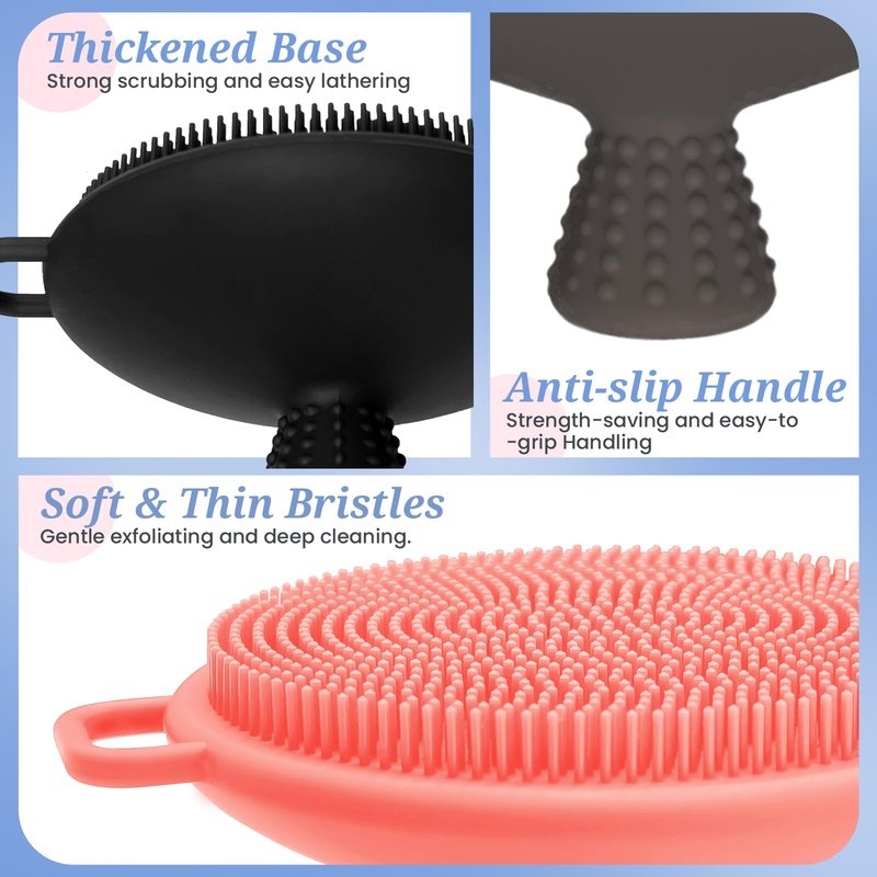 GEENOA Silicone Back & Body & Face Scrubber Set 3PCS, Gentle Exfoliating Back & Body Scrubber with Dual-Side Brush Head, Hygienic Silicone Loofahs with Soft Bristle and Non-Slip Handle(Black-3PC)