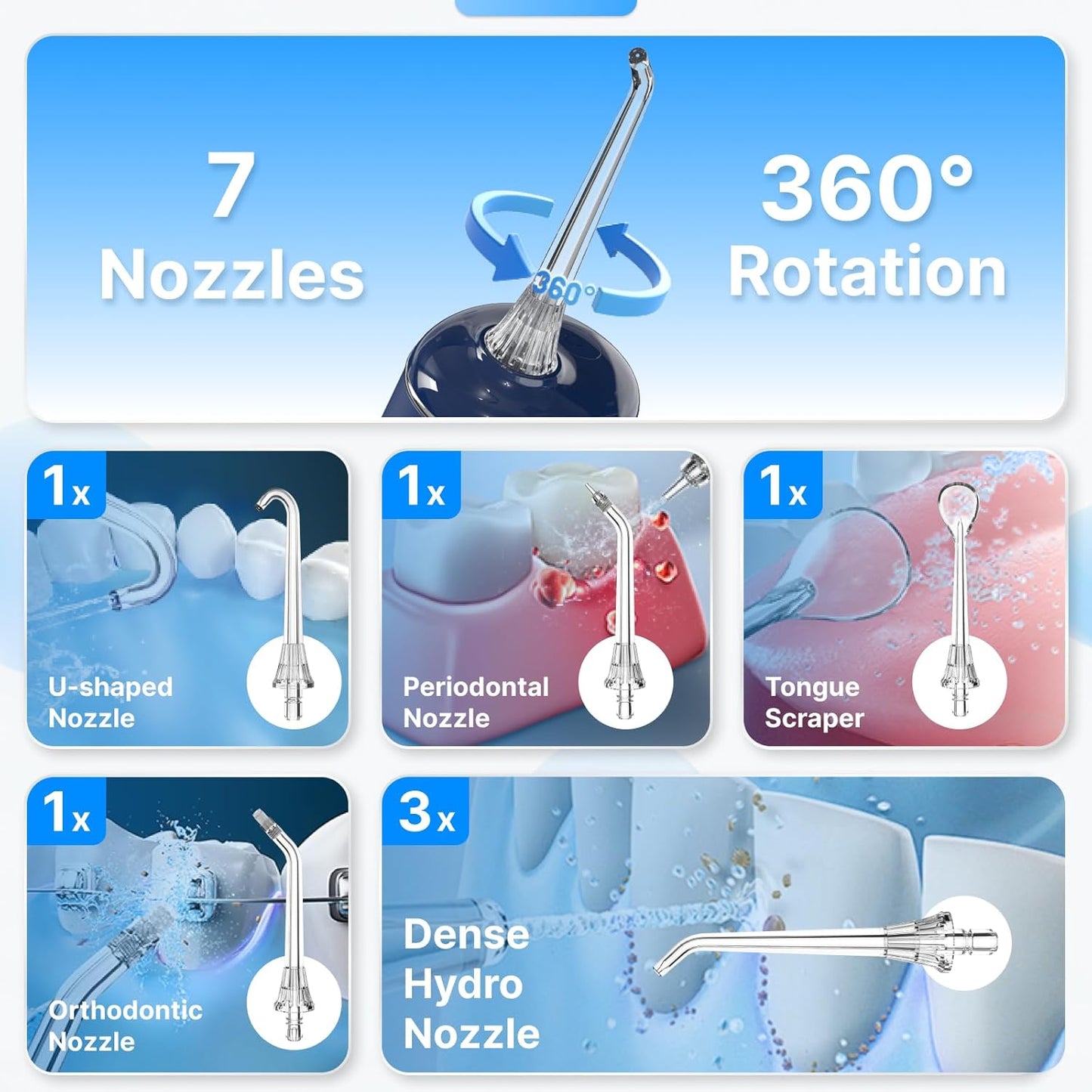 Water Flosser - Cordless Oral Irrigator with 8 Modes & 7 Jets | 300ml Tank for Braces - Rechargeable Black