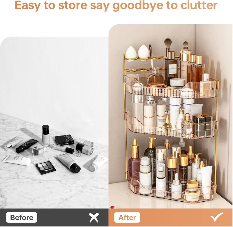 Corner Bathroom Counter Organizer - Acrylic Makeup & Toothbrush Holder | 3-Tier Amber Skincare Storage