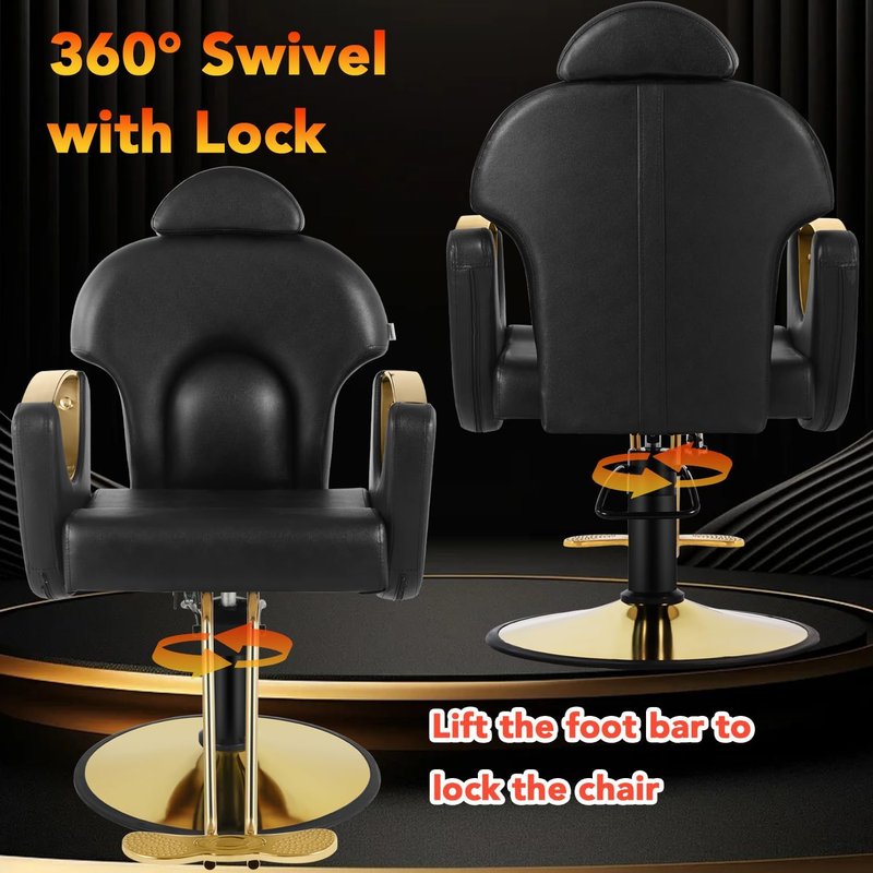 Reclining Salon Barber Chair - Heavy Duty Hydraulic Pump, 360° Swivel | Black Gold