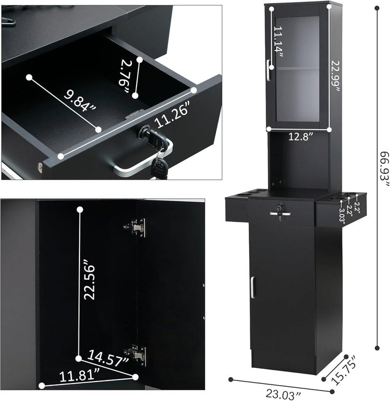Hair Styling Organizer Station - Professional Salon Equipment with Glass Door | 6 Tool Holders & 2 Storage Cabinets - Black