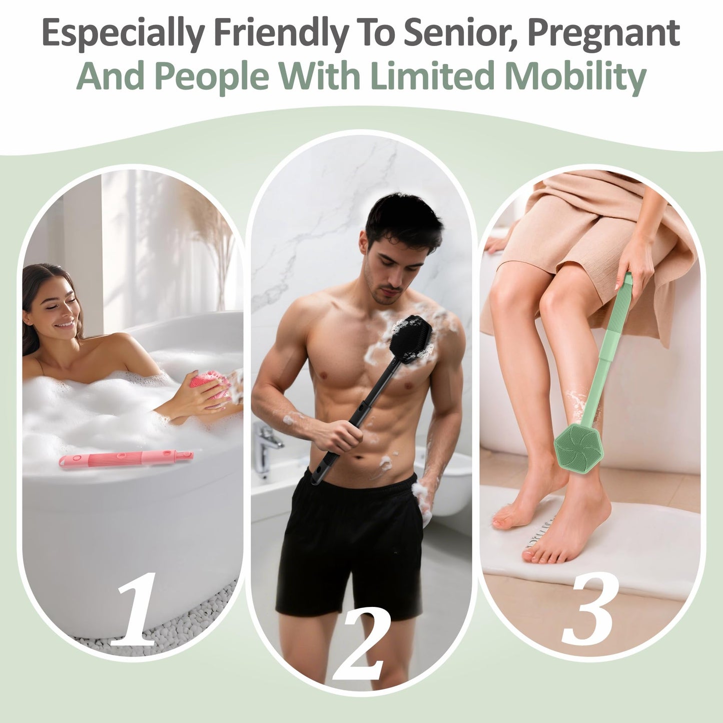 GEENOA Silicone Back Scrubber & Soft Bath Glove 2PCS, 16''- 21''Extendable Back Scrubber with Dual-Side Large Head, 360° Anti-Slip Hand-fit Silicone Body Scrubber for Rich Foaming Deep Cleaning(Green)