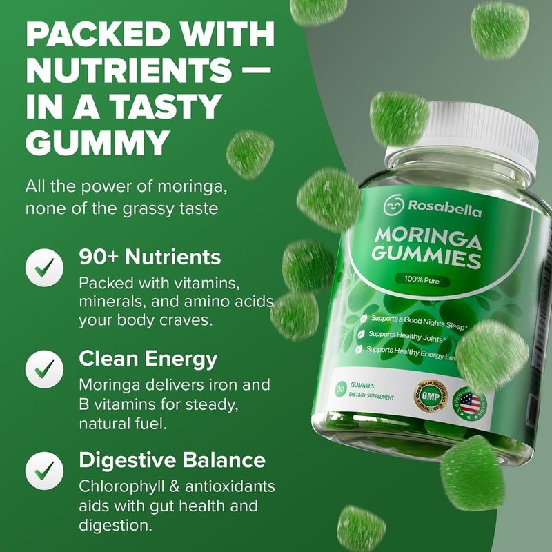 Rosabella Moringa Gummies – Moringa Leaf Extract 1000mg Equivalent Per Serving – Natural Energy & Balance – Non-GMO, Gluten-Free Superfood Gummies for Women & Men – 60 Count (60 Count (Pack of 2))