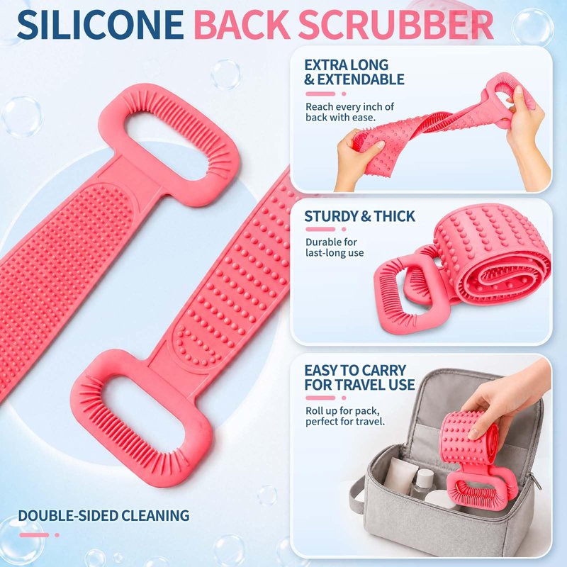 Manmihealth Silicone Back Scrubber for Shower & African Net Sponge Net Set, 36'' Dual-Sided Back Washer & African Long Bath Sponge, Extendable Long Silicone Body Brush (Pink+Pink)