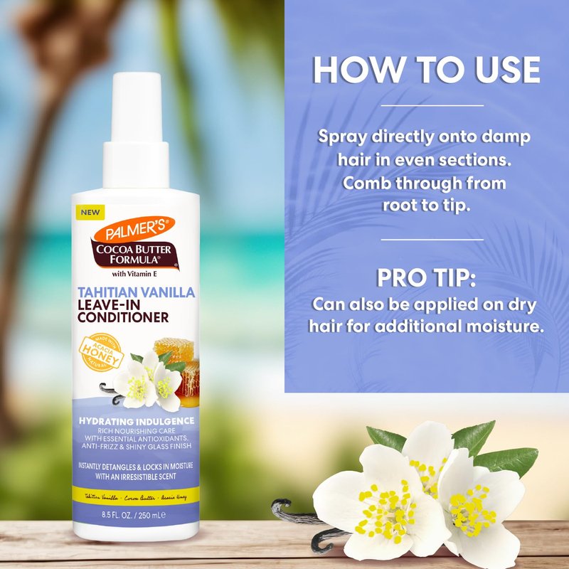 Palmer's Cocoa Butter Formula, Tahitian Vanilla Leave In Conditioner Spray, (8.5 Fl Oz), Hydrating Hair Detangler with Acacia Honey & Vitamin E, Heat Protectant, Frizz Control & Long-Lasting Moisture