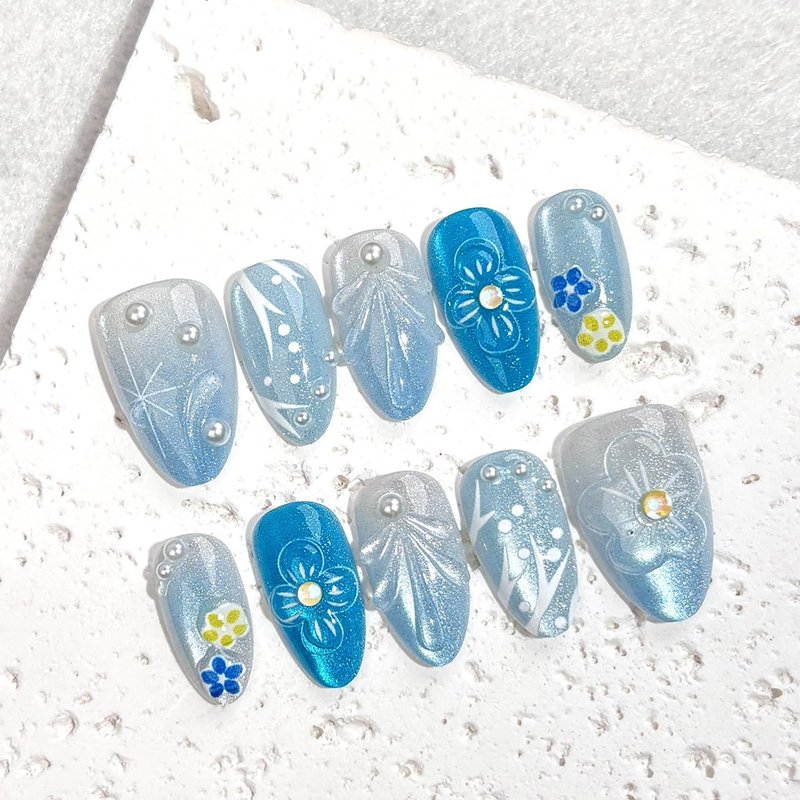 Skiennix 24Pcs Blue Press-On Nails - Short Almond Shape with 3D Flower Pearl Designs | Full Cover Ocean-Inspired Summer Manicure