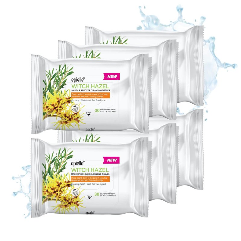 Epielle Witch Hazel Makeup Remover Wipes, Gentle Daily Facial Cleanser Towelettes, Remove Dirt, Oil & Waterproof Mascara, Stocking Stuffers, 30 Count (Pack of 6)