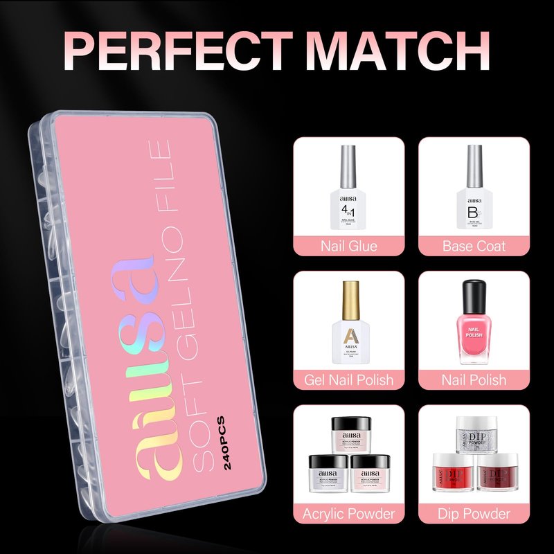 AILLSA Short Almond Nail Tips Pre-Shaped Acrylic Nail Tips Half Matte Full Cover Nails Tips Clear Gelly Press on False Tip Nail for Extension Nail Manicure Home DIY 240PCS 15Sizes