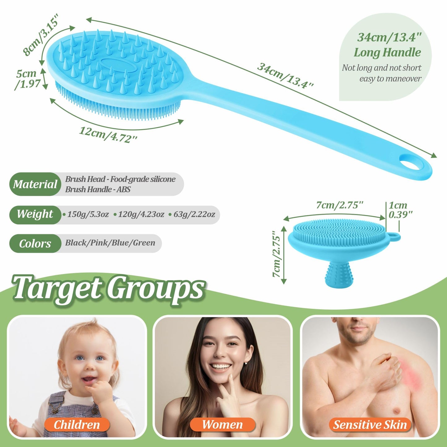 GEENOA Back Scrubber for Shower, Gentle Silicone Body Scrubber, Soft Silicone Loofah with Handle, Back Brush Bath Brush with Detachable Brush Head.