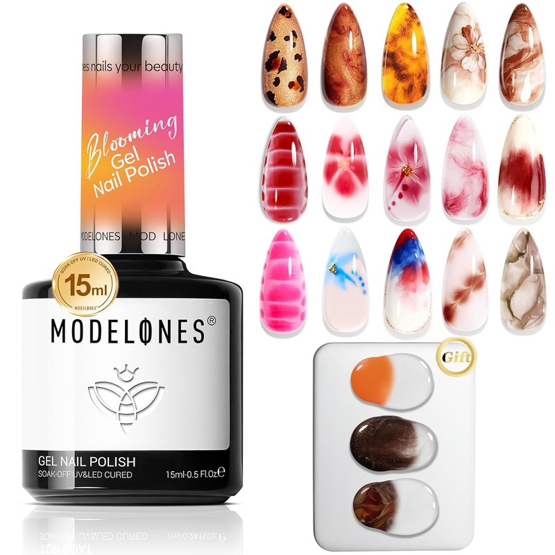 Modelones Gel Top Coat & Blooming Gel Nail Polish Set - 15ml Each | Nail Art Palette Included