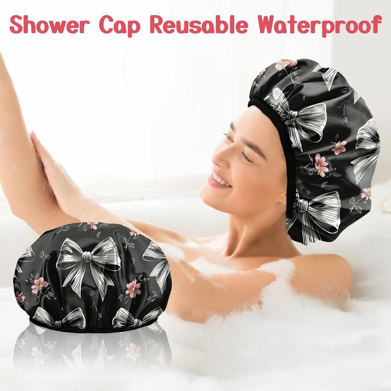 Deokke Luxury Shower Cap Terry Lined Elastic Triple Layer Waterproof Reusable Dry Hair Bathing Caps Aesthetic Cute for Women Girls-Grey black Bowknot