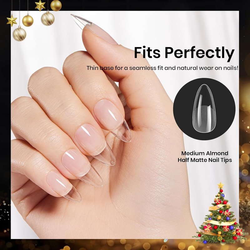 Beetles Gel Nail Tips Etch-X- Almond Medium, 384pcs 12 Sizes, Pre-Etched Half Matte Full Cover Soft Gel Nail Tips, Press on False Nail Extension Acrylic Fake Nails, Easy DIY Salon Art
