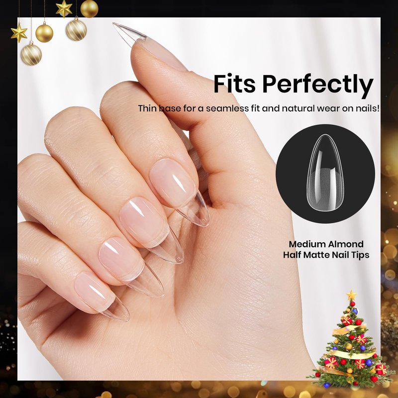 Beetles Gel Nail Tips Medium Almond Etch X, 12 Sizes 288 PCS Half Matte Full Cover Press on False Nail Tips Clear Acrylic Nails Extension Glue on Nails DIY Gift for Women