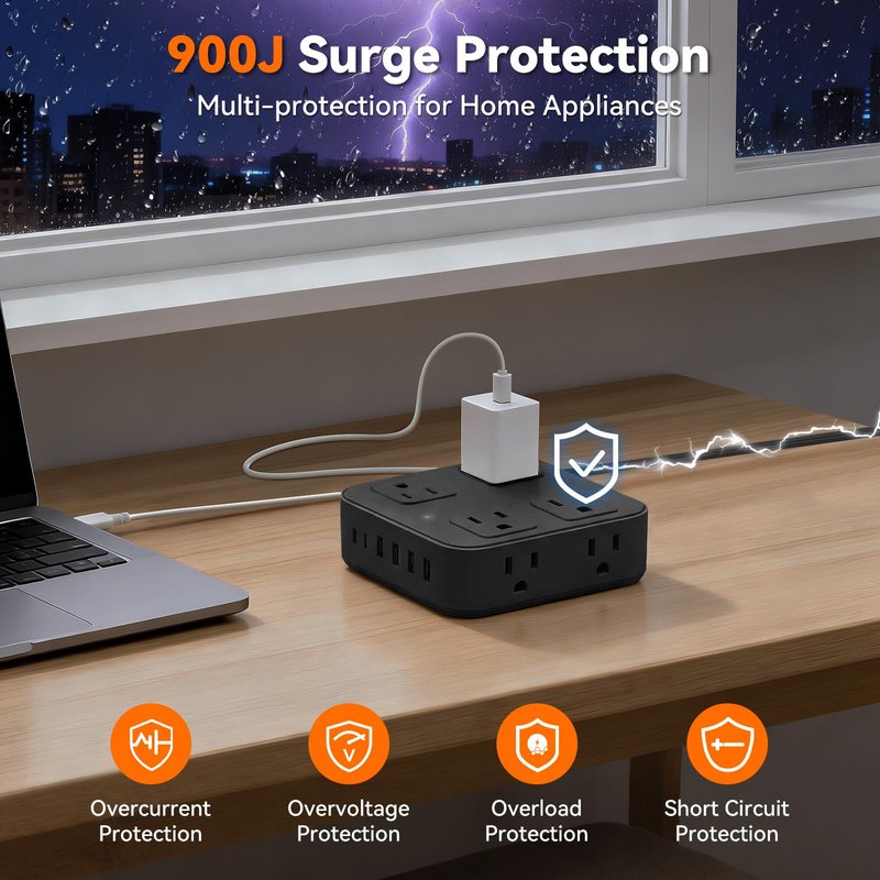 HLCZLUZ 10Ft Extension Cord w/ 8 Outlets & 6 USB (2 USB C), 1250W 900J Protection Power Strip w/Power Switch, Surge Protector Power Strip Flat Extension Cord Outlet Extender for Home Office