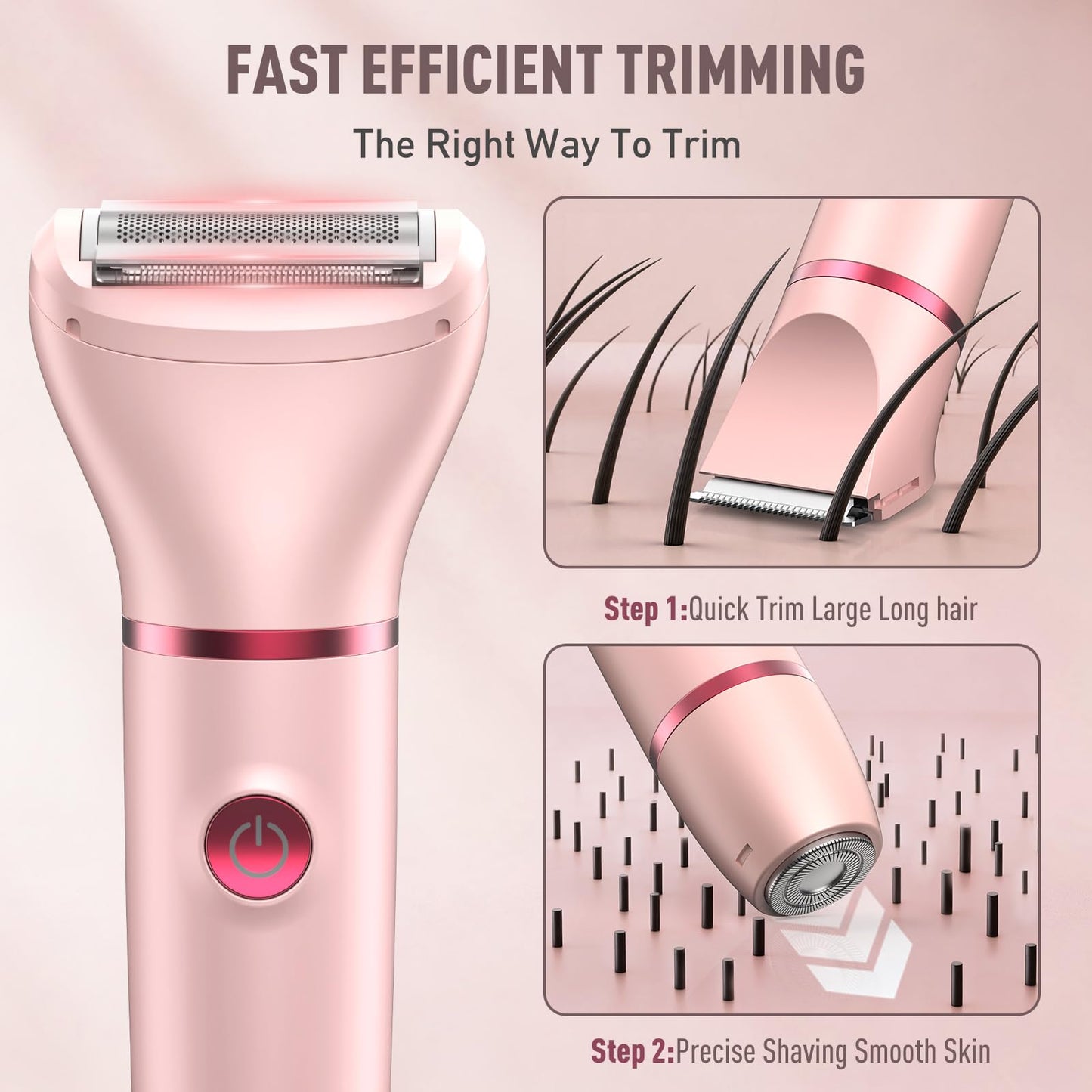 Crolanli Bikini Trimmer for Women, 3-in-1 Electric Razor, IPX7 Waterproof Ceramic Blades, Wet & Dry Use, LED Display, Painless Shaver for Bikini, Face, Underarms, Legs, Home Travel (Pink)