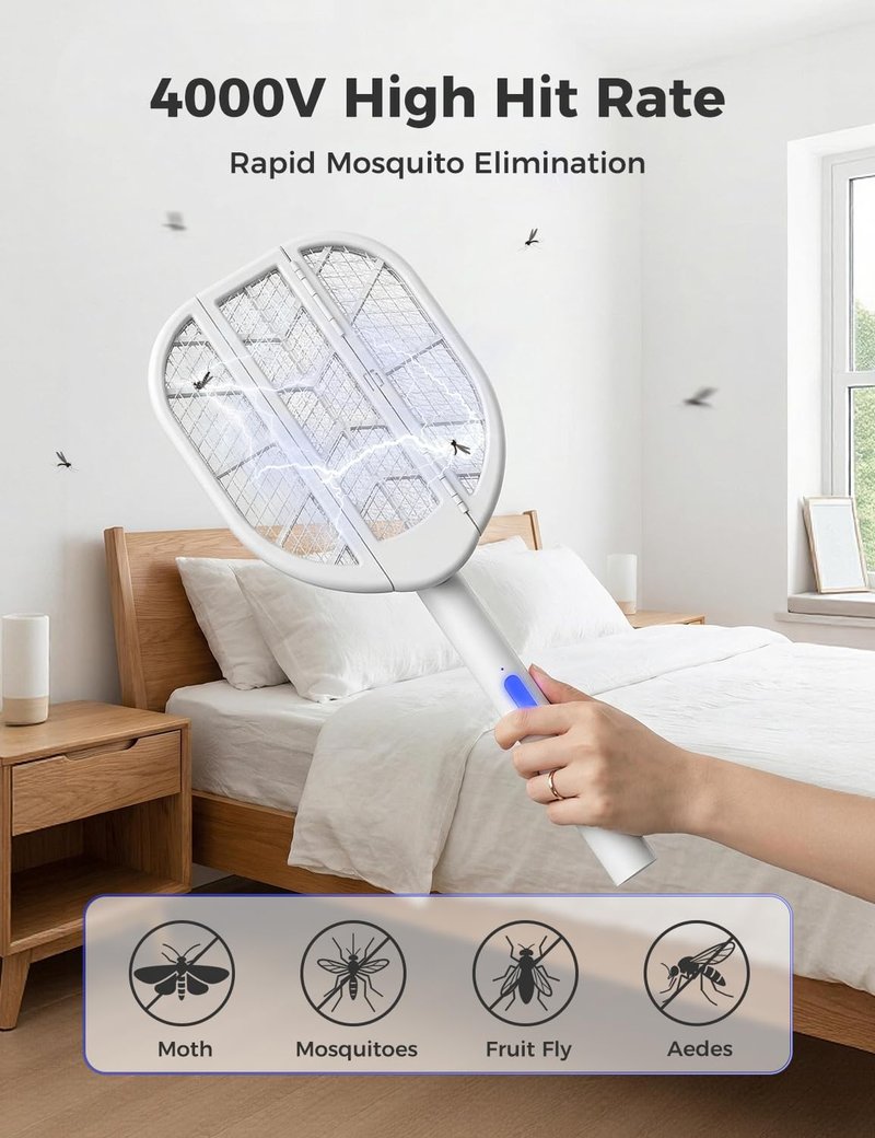 Sheevar 4000V Foldable Electric Fly Swatter 1500mAh Rechargeable Bug Zapper Racket Mosquito Trap & Zapper with Dual Modes & Blue Light for Office Backyard Patio Camping Indoor Home