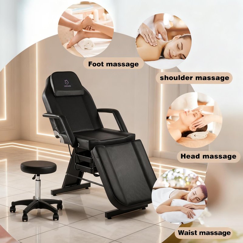 LUXMARS Facial Chair, 73 Tattoo Chair for Client, 3-Section Adjustable Massage Table with Stool, Multipurpose Beauty Beds Salon Equipment for Esthetician, Tattoo Shop, Spa (Black)