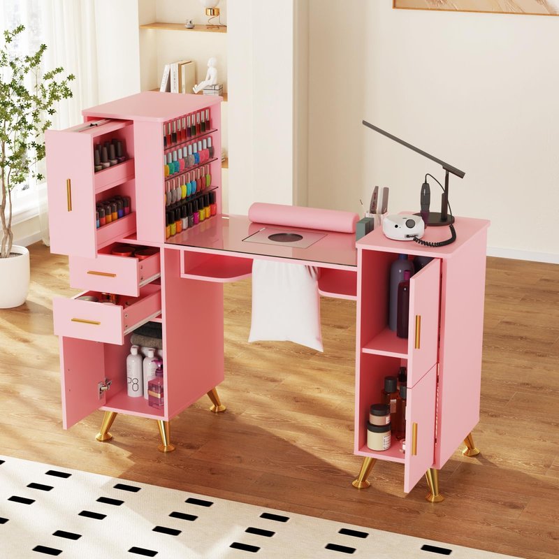 Kikihouse Manicure Table Nail Desk with Glass Top & Wrist Rest, Nail Station with Dust Collector & 4 Dust Bags, Beauty Salon Workstation with Storage Drawers & Cabinet (Pink)