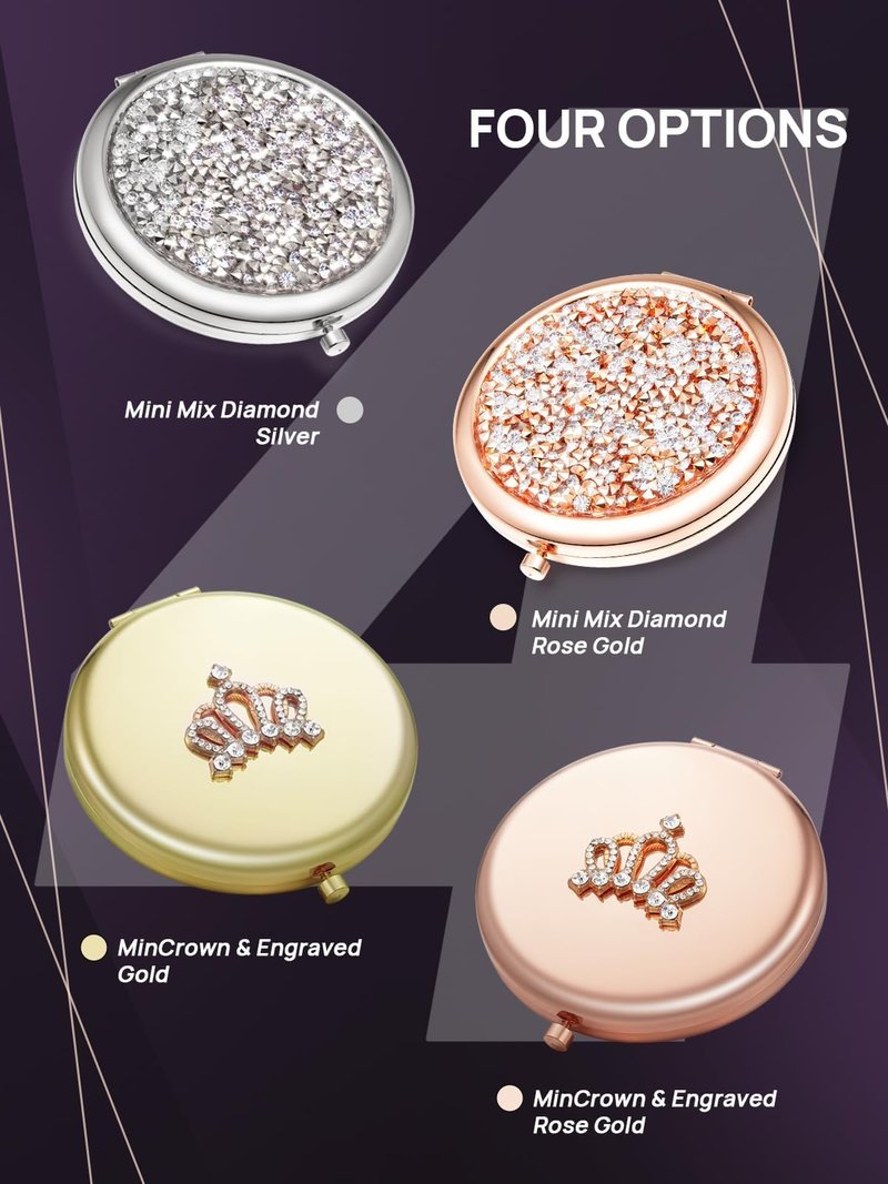 OMIRO 1X/10X Magnifying Compact Mirror, Mini Mix Diamond Metal Pocket Makeup Mirror (Rose Gold)