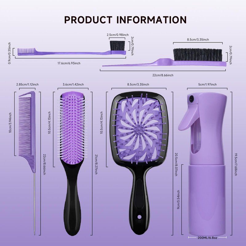 11 Pcs Hairbrush Set, Detangle Hair Brush And Spray Bottle, 3 Pieces Smooth Hairbrush For Toddlers, Suitable For Wet and Dry Hairstyles, Suitable For Adults And Children. (Purple)