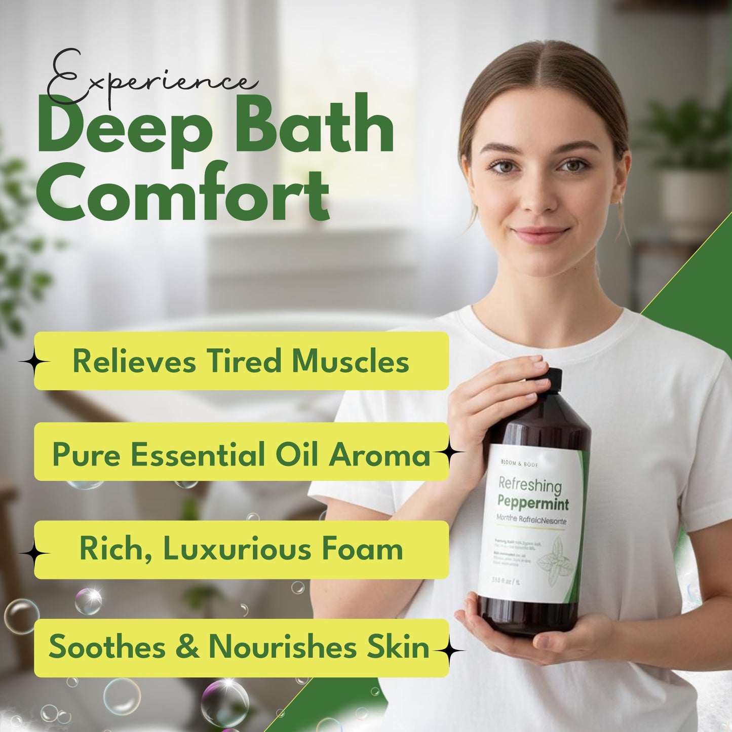 Luxury Foaming Bath - Natural Scented Bubble Bath - with Essential Oils and Epsom Salt - Refreshing Peppermint Scent, 33.8 fl oz / 1L