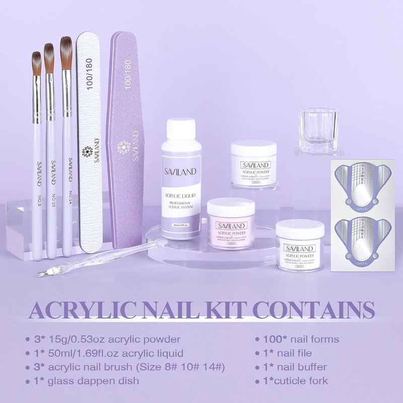 SAVILAND Acrylic Nail Kit for Beginners - Clear, White & Pink Powder, Liquid, Brushes & Tools Set