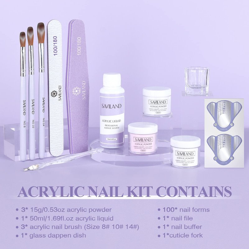 SAVILAND Acrylic Nail Kit for Beginners: Clear White Pink Acrylic Powder 0.5 Oz Each, 1.7 fl oz Acrylic Liquid, #8/10/14 Brushes, 100Pcs Nail Forms & Manicure Tools Professional Nail Kit Acrylic Set
