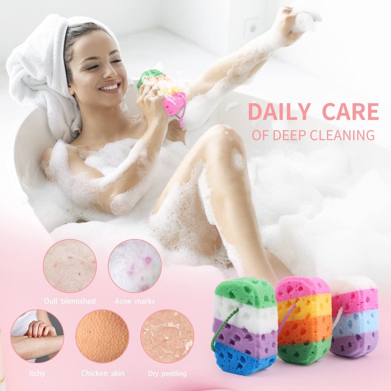 3 Pcs Exfoliating Bath Sponges for Shower,ＴＩＺＹＦＦ Bath Sponge Loofah for Body Wash Bathroom Vivid Colors Soft Bathing Accessories