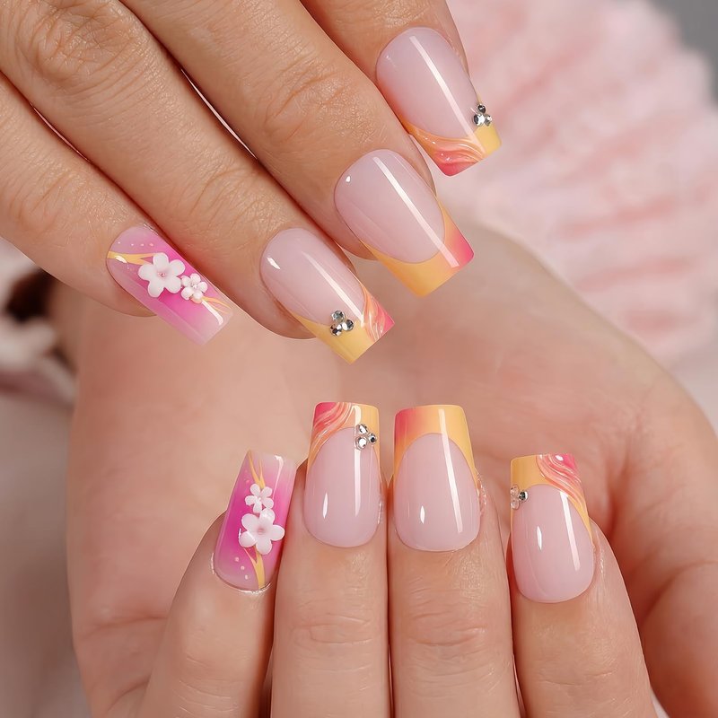 24Pcs Press on Nails Medium Square, Pink & Orange Ombre French Tip Fake Nails with 3D White Flowers & Rhinestones, Glossy Swirl Summer Acrylic Stick on Nails for Women & Girls