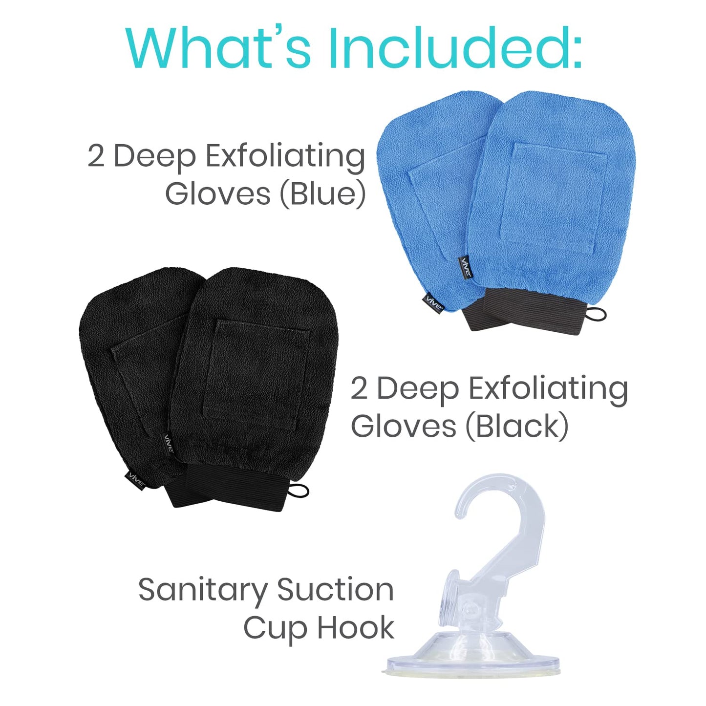 Vive Exfoliating Mitts for Body (4 Pack) - Scrub Gloves with Soap-Saver Pocket - Body Exfoliate Shower Dead Skin Remover - Deep Microdermabrasion Exfoliator for Kerastosis Pilaris - Premium