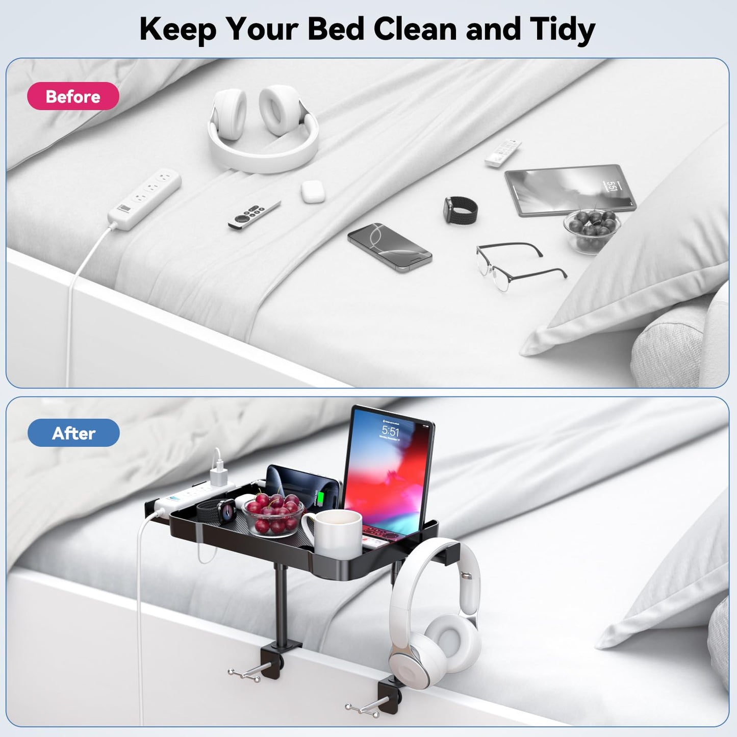 Bedside Shelf Bunk Bed Shelf for Top Bunk 15’’ Clip On Bedside Tray Adjustable Height Attachable Bedside Table Dorm Bedside Table for Loft Bed Dorm Room with Cup Holder & 3 Retractable Hooks Black