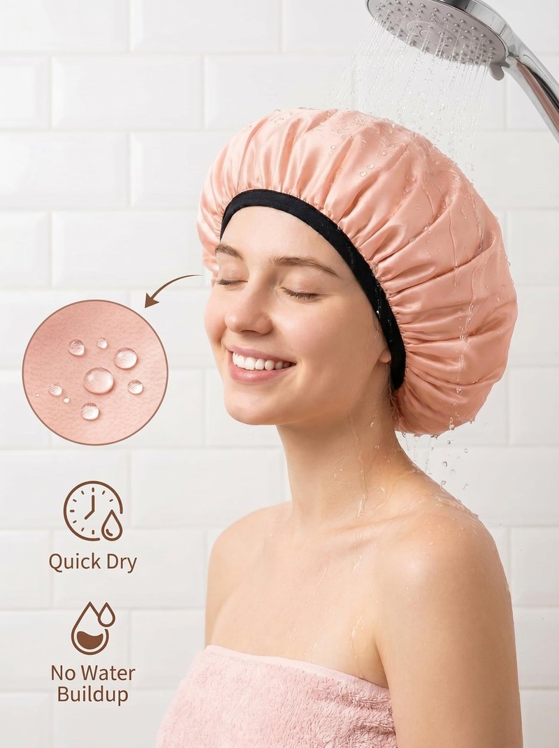 Aquior Shower Cap,Shower Cap for Women Reusable, Triple Layer Waterproof Bath Cap,Silky Satin Outer Layer Terry Lining, Extra Large for Women Long Hair(Champagne)