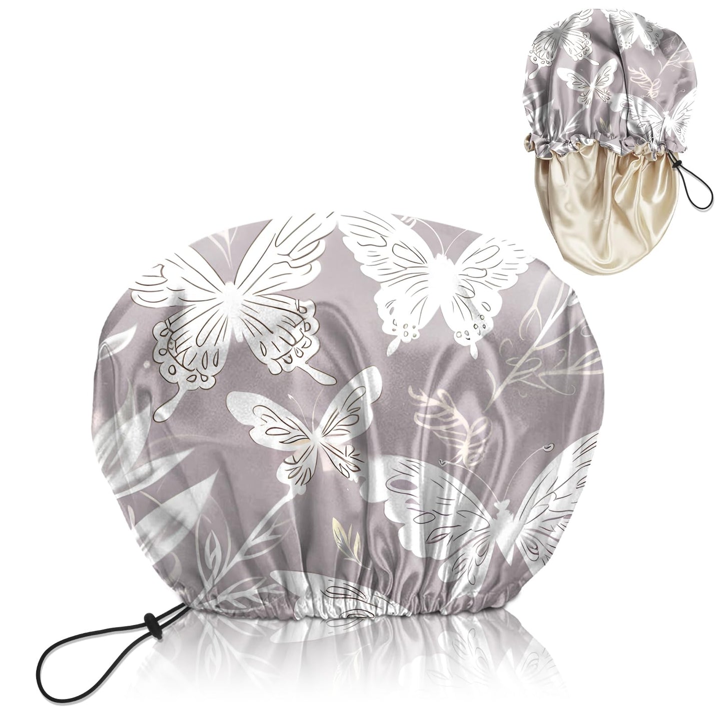 BHAHB Luxury Shower Cap Satin Lined Reusable Waterproof Double Layer Elastic Adjustable Hair Bath Cap Cute Aesthetic Women Girls-White Butterfly