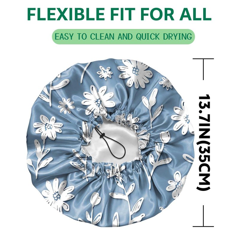 BHAHB 2 PCS Shower Cap Waterproof Double Layer Elastic Adjustable Reusable Hair Bath Caps for Girls Women Cute Aesthetic-Blue White