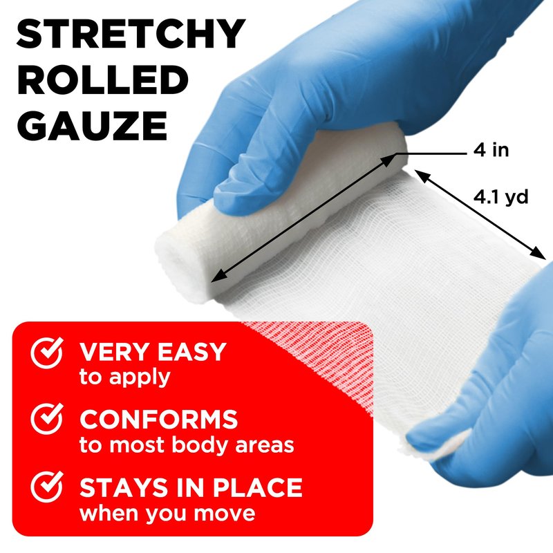 24 Gauze Rolls - 4" x 4.1yd - Soft and Breathable Rolled Gauze - Latex-Free Premium Individually Wrapped Bandages with Bonus Tape - First Aid Conforming Stretch Wrap for Wound Care - Vet Wrap