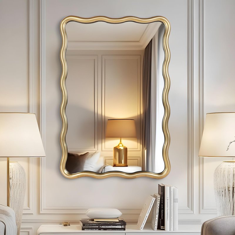 20''x30'' Rectangular Wavy Wall Mirror - Modern Decorative Bathroom Mirror with Scalloped for Modern Farmhouse Vanity, Living Room, Entryway, or Hallway (Gold)
