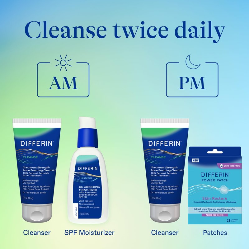 Differin Acne Face Wash with 10% Benzoyl Peroxide, Maximum Strength OTC Acne Foaming Cleanser, Fast Acting Acne Treatment for Face and Body, 5 oz.