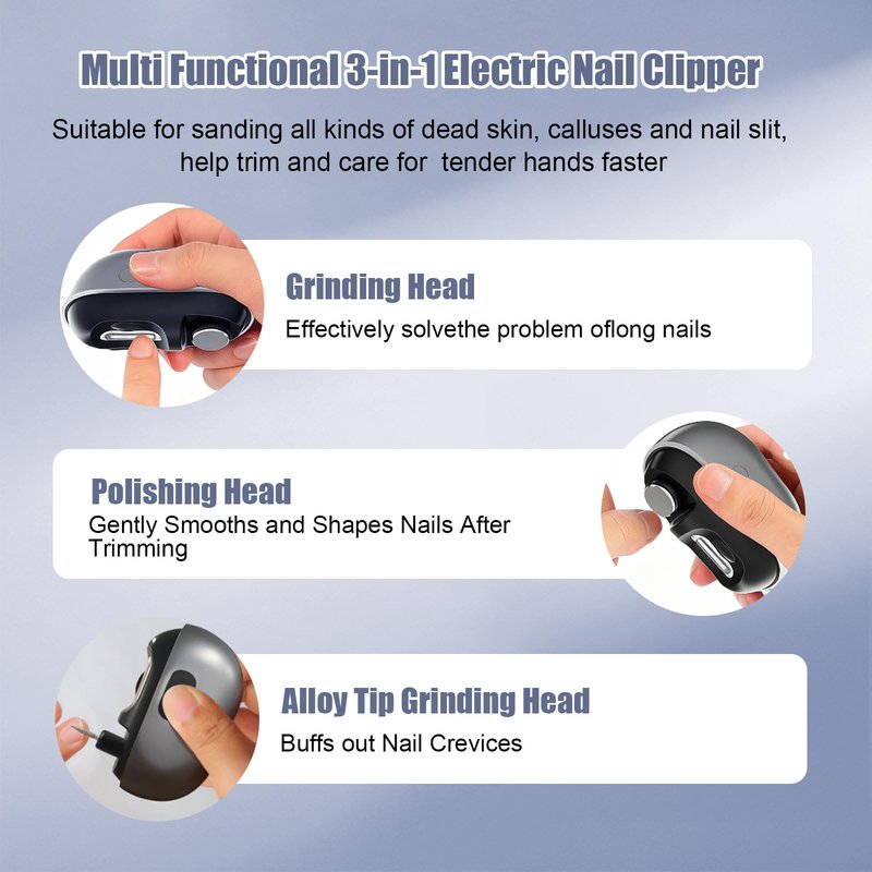Electric Nail Clipper, Electric Nail Clippers for Seniors & Adults, Baby Electric Nail Trimmer with LED Light & Nail Scraps Storage, 3-in-1 Automatic Nail Clipper for Toenails & Fingernails (Grey)